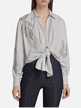 cinq a sept White Pinstripe Tie-Front Shirt with Beaded Embellishment - Size XL